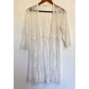 Paper Tee Cardigan Womens M White Lace Duster Sheer Layering Boho Floral Beach